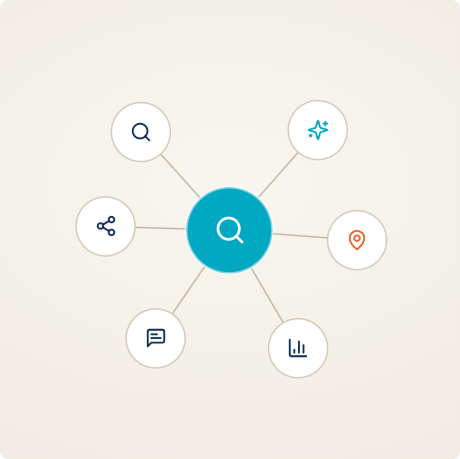 Hub diagram connecting Google search, AI assistants, local maps, citations, entity accuracy, and competitor signals around a central audit lens.