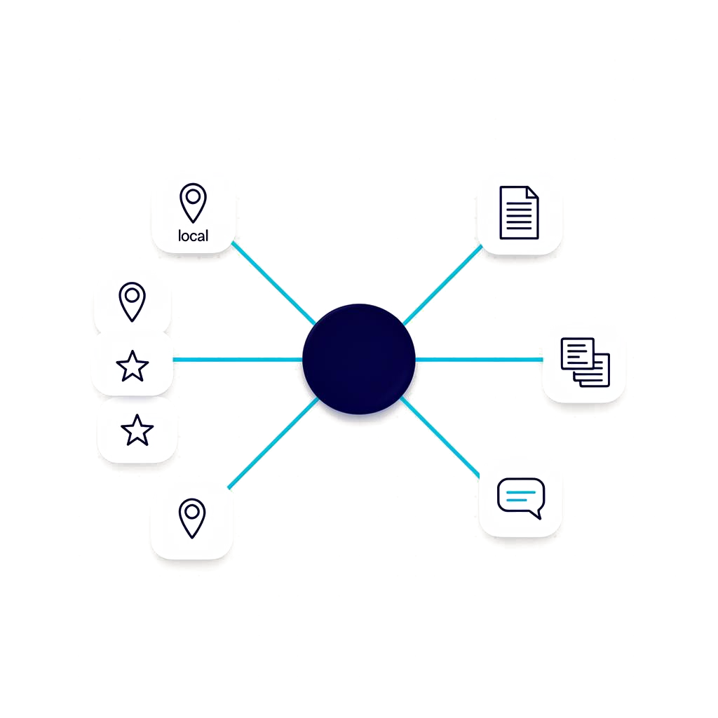 Hub diagram connecting local map pins and category content signals to one central hybrid visibility system.