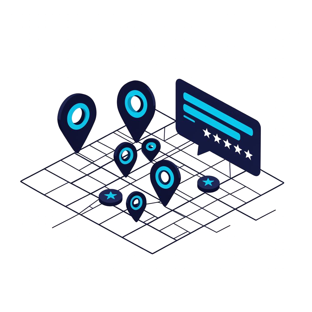 Isometric map with location pins and a five-star review card representing local search visibility across Google and AI surfaces.
