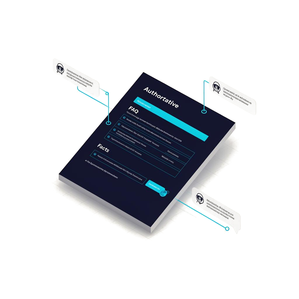 Isometric source-of-truth document with authoritative facts, FAQ sections, and citation callouts for AI systems.