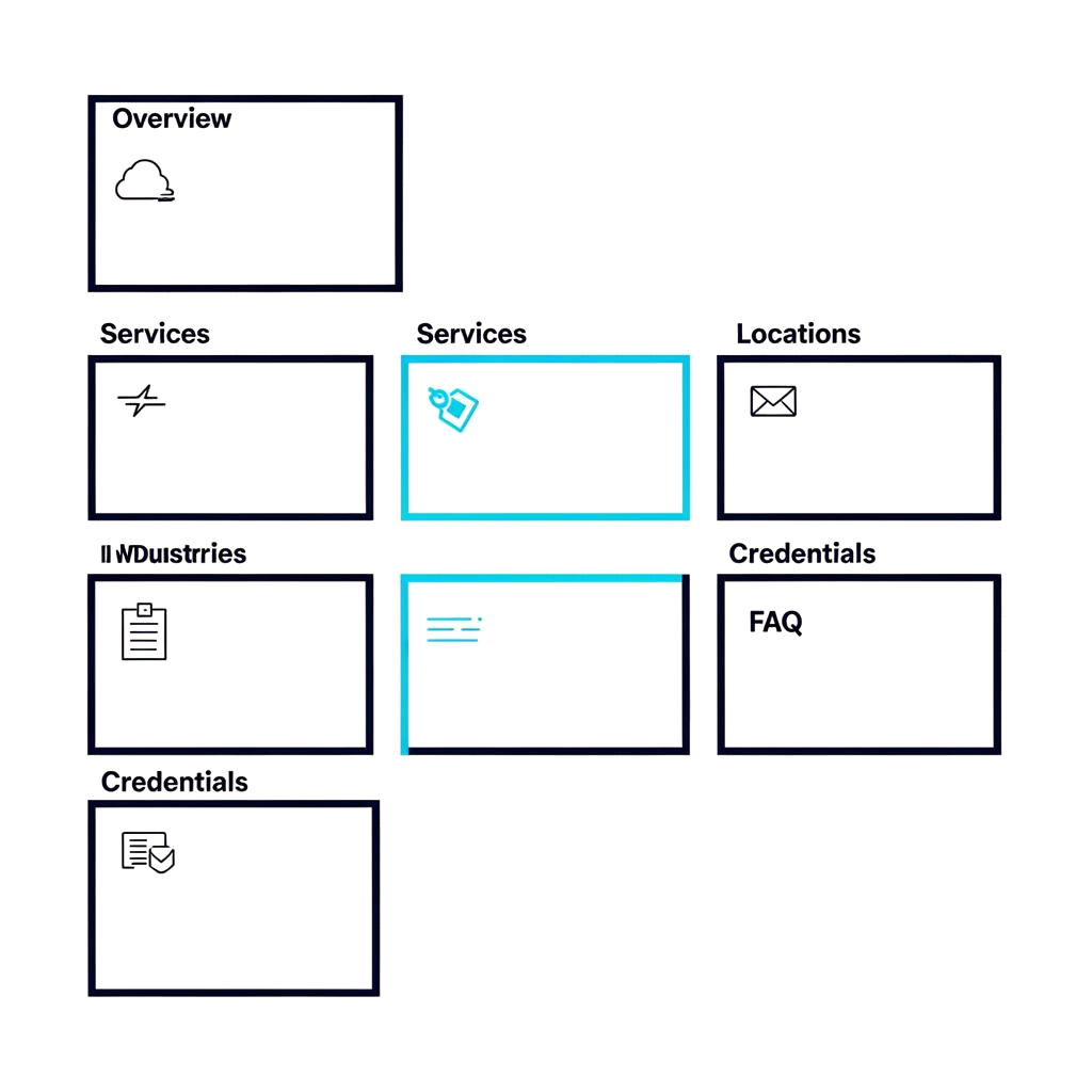 Wireframe schematic showing overview, services, locations, industries, credentials, and FAQ blocks on a source-of-truth page.