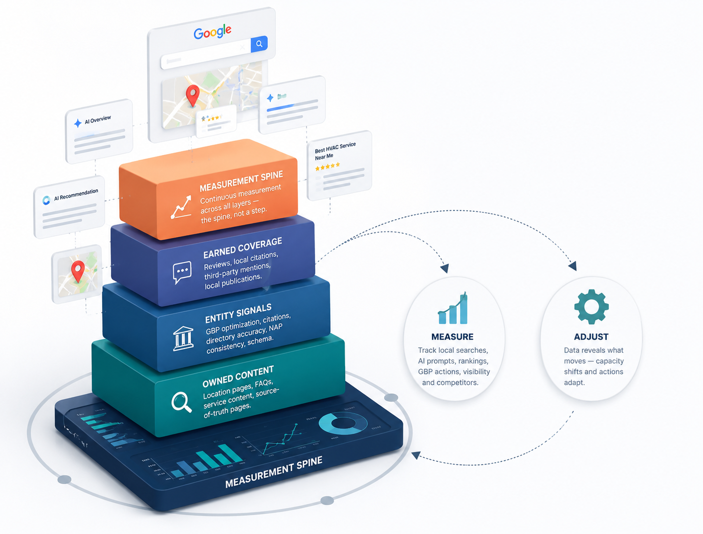 Isometric illustration of connected local map pins and floating data layers representing hybrid local and national search visibility.