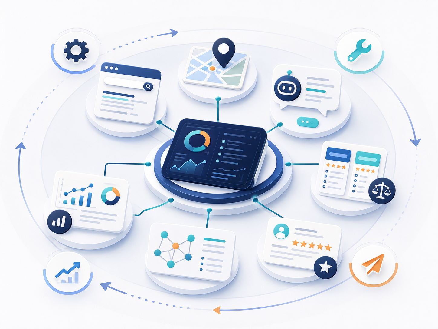 Isometric hub connecting measurement dashboards, content surfaces, local maps, and AI assistant signals in one visibility system.