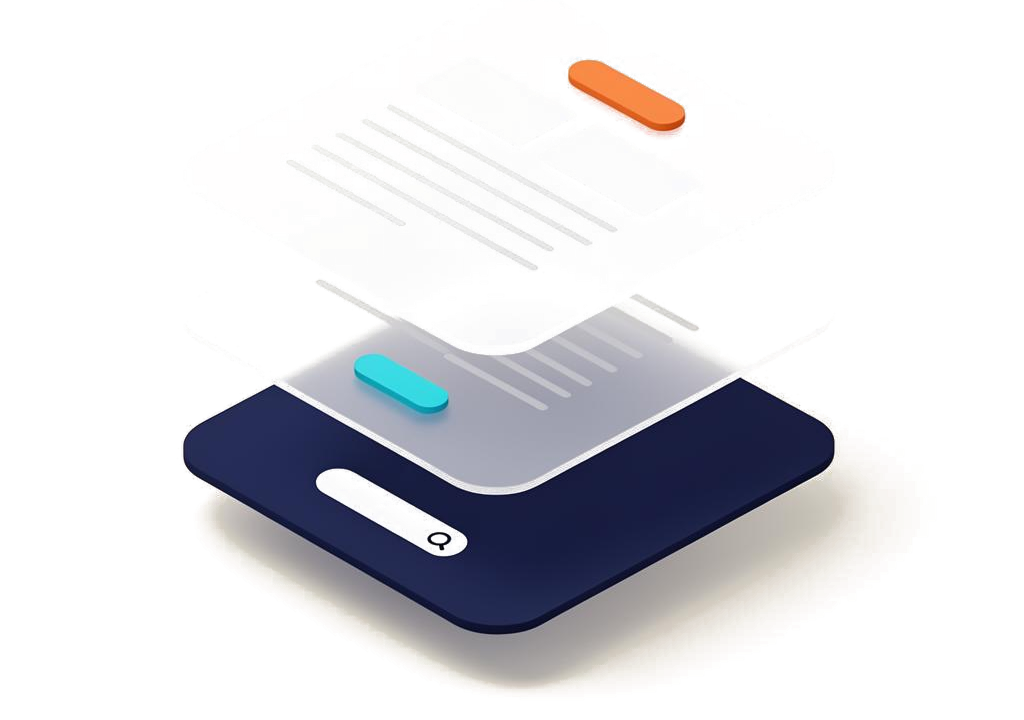 Isometric phone with search layers representing live retrieval and learned web signals feeding visibility.