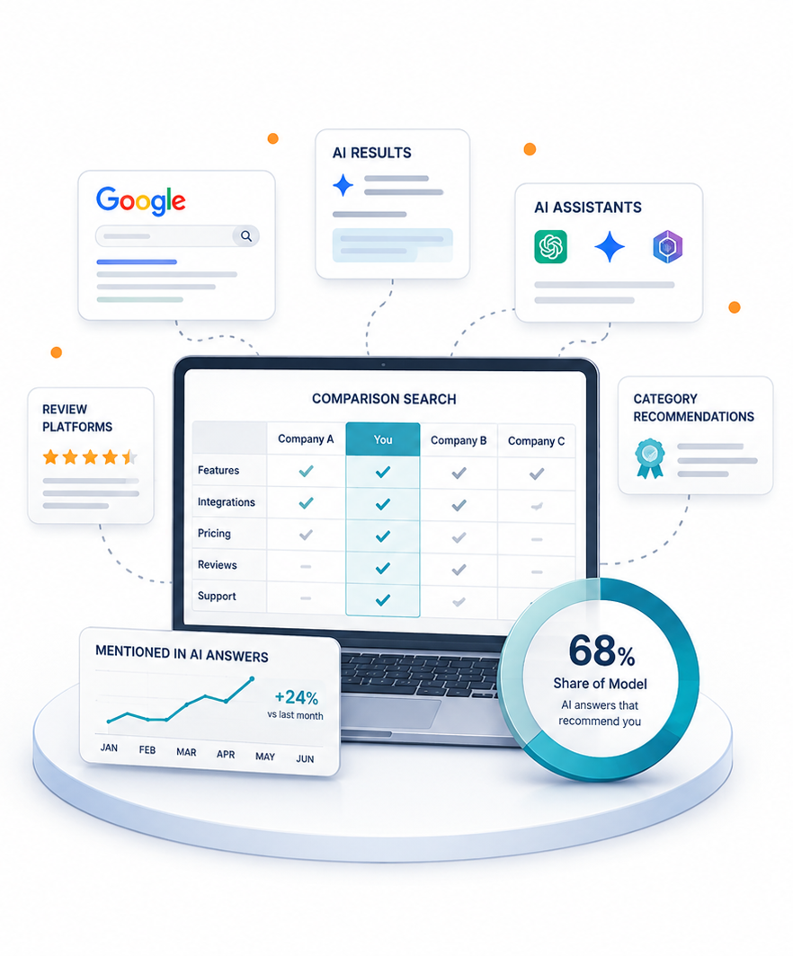 Line illustration of comparison prompts, review ratings, and AI answer surfaces representing national and SaaS search visibility.